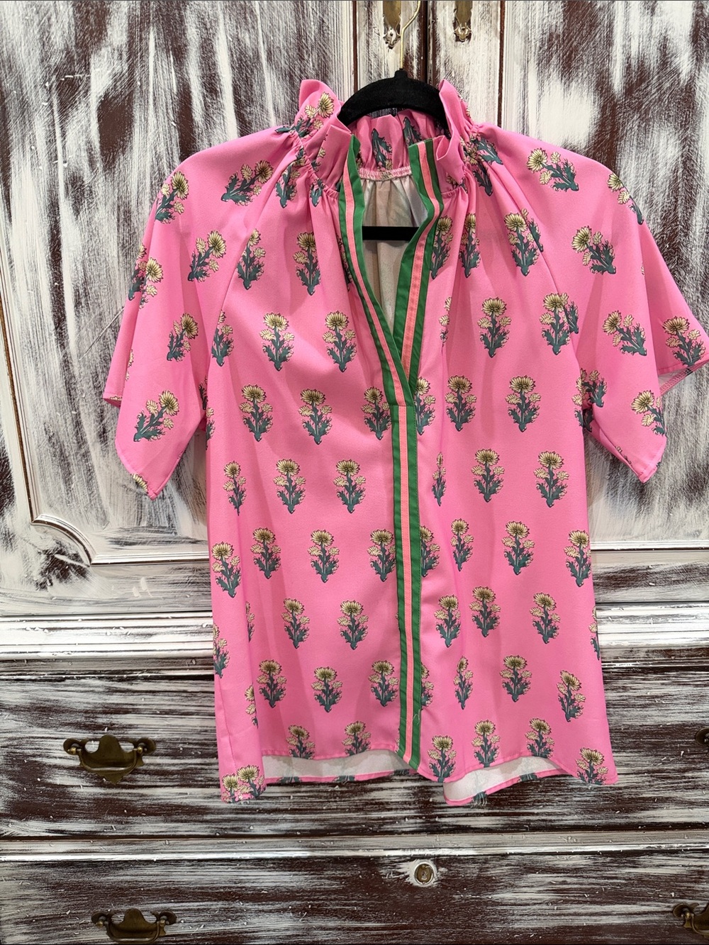 Girls' Pink Floral Short-Sleeve Top with Green Trim